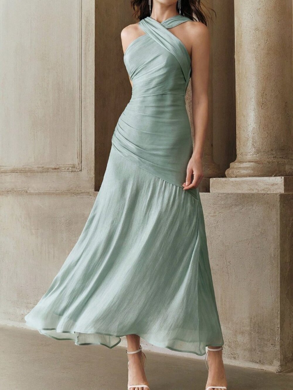 Baby Blue Elegant Women's Pleated Cross V-Neck A-Line Dress
